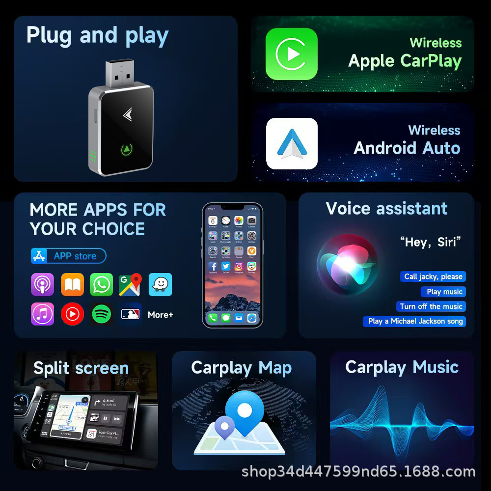 Cross-Border Hot-Selling Wireless Carplay Box Android Auto 2-in-1 Smart Car Interconnection Carplay Adapter