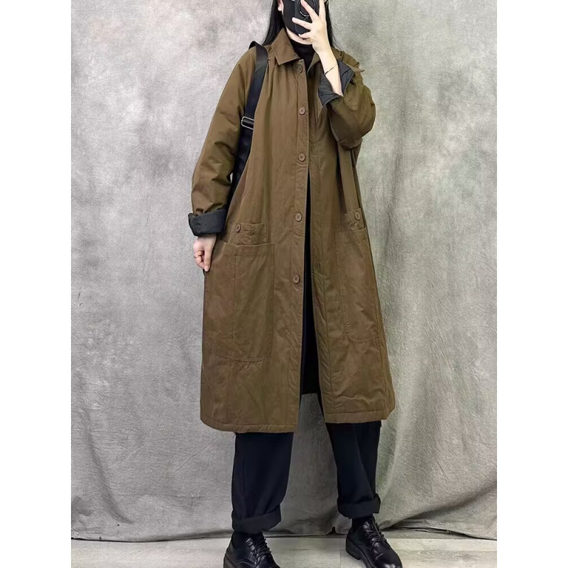 复古风秋冬夹棉外套女风衣棉服中长款加厚宽松大码休闲