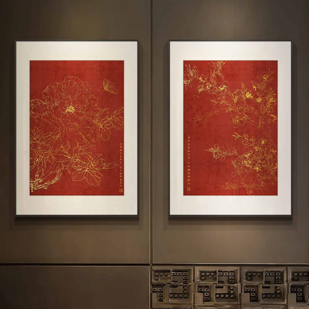 新中式入户玄关百花图装饰画客厅背景墙浮雕挂画餐厅走廊寓意壁画