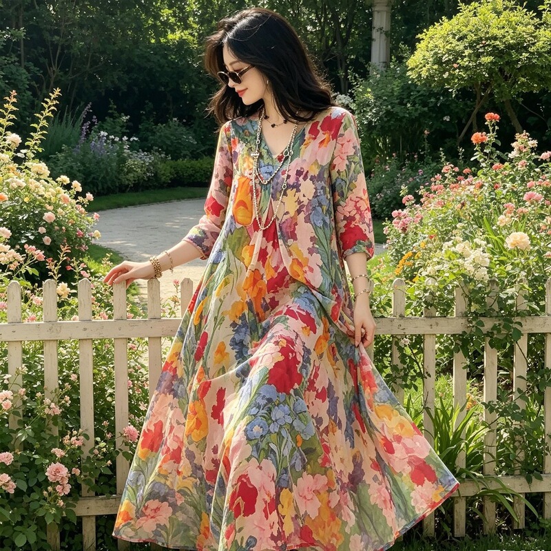 Summer new fashion printed V-neck dress for women, loose and slimming, holiday long skirt with a large hem, bohemian style