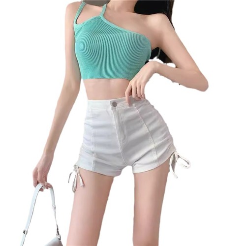 Women's Summer High-Waisted Slim-Fitting White Casual Pants with Side Straps, Korean Style, Versatile and Slimming, Outwear Short Pants