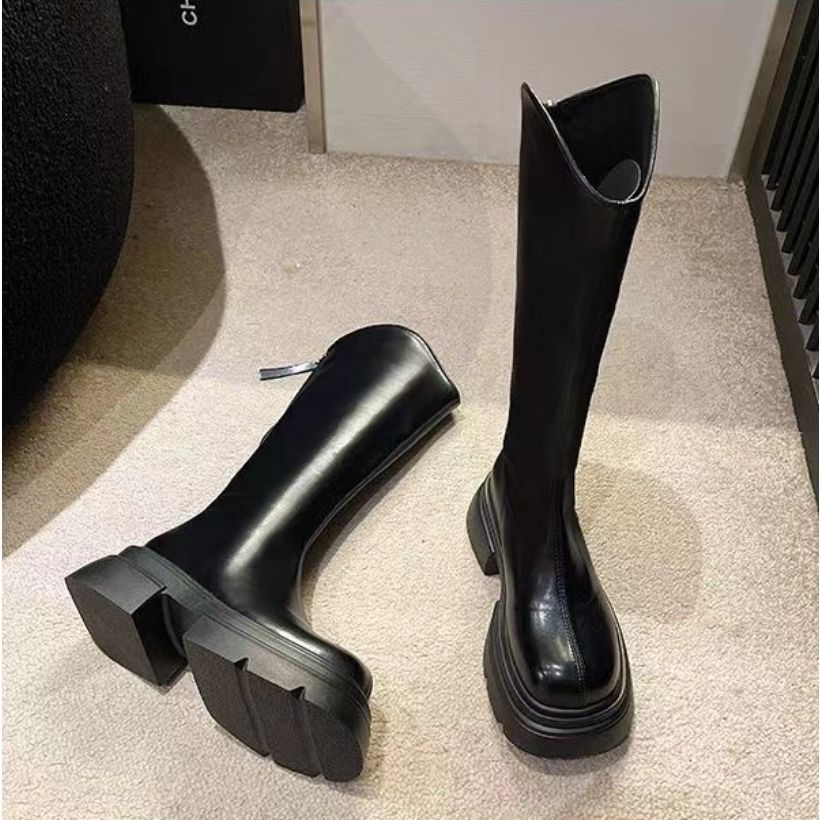 松糕底高筒靴粗跟厚底增高不过膝长筒靴小个子百搭骑士靴女ins潮