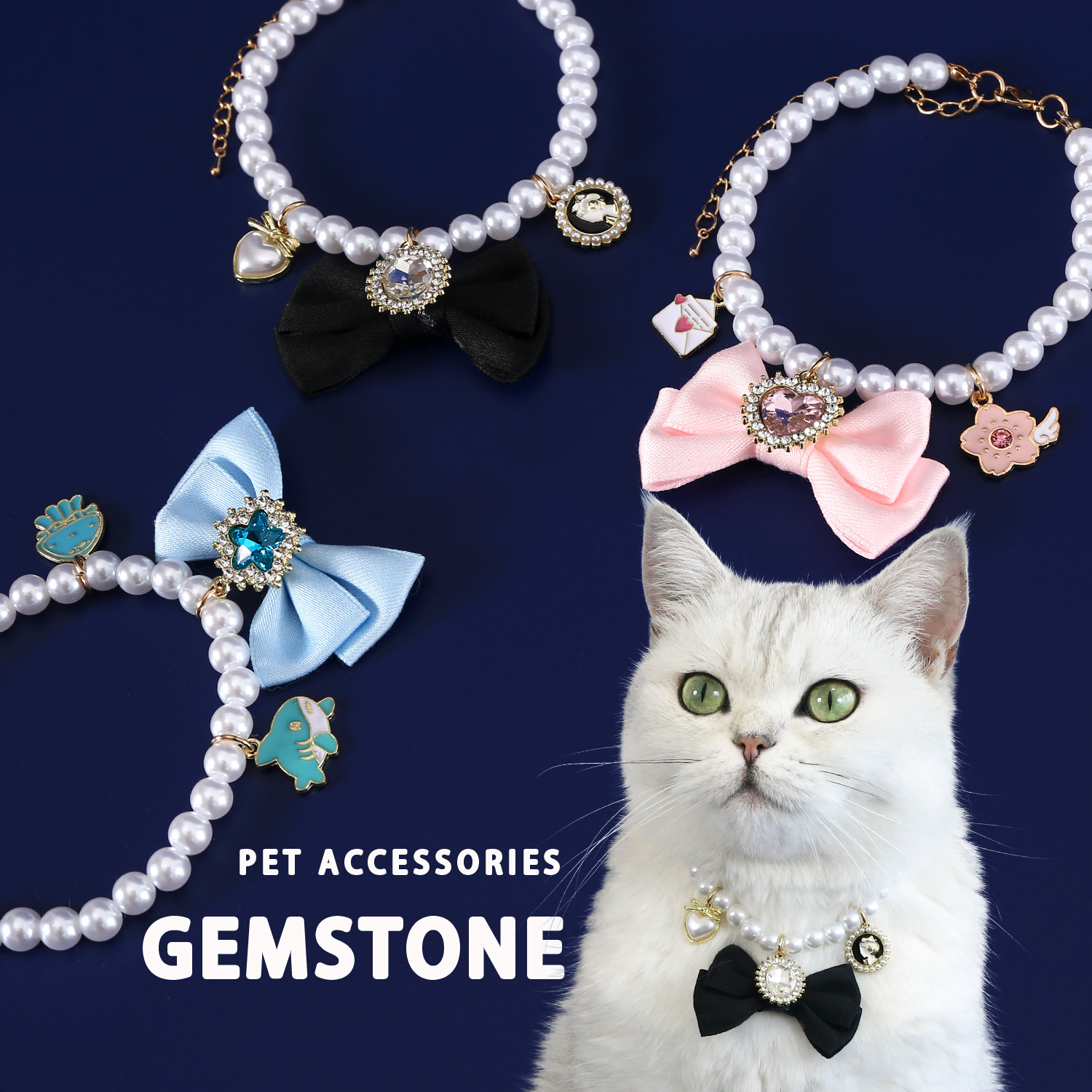 Collar de perlas de gemas de mascotas amor arco fragancia lujoso Malzis collar ajustable para gatos perros
