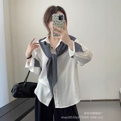 2025秋季丝巾两件套天丝上衣女简韩系设计感宽松休闲长袖衬衫0965