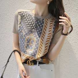 年度夏日精品 气质斜纹绸真丝+细支毛纱毛双拼印花T恤 女