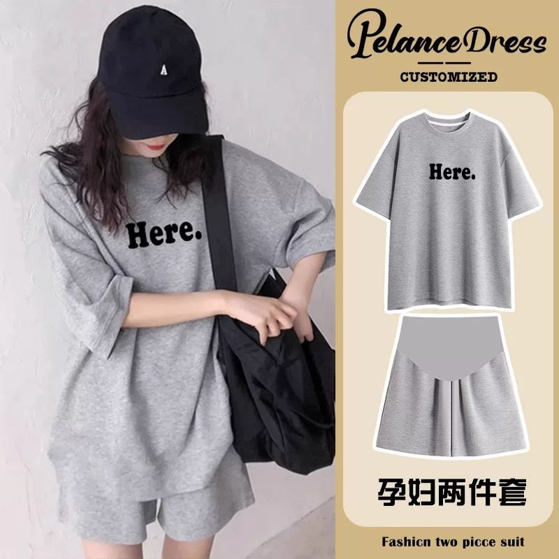 Maternity Outfit Set for Summer 2026, Simple Letter Print Top, Loose Gray T-Shirt for Petite Sizes, and Sports Shorts Maternity Outfit Set for Summer 2026, Simple Letter Print Top, Loose Gray T-Shirt for Petite Sizes, and Sports Shorts
