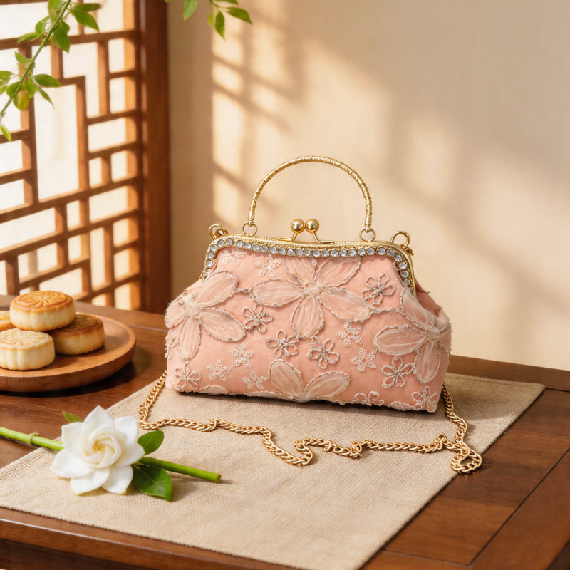 Cross-Border New Chinese Style Cheongsam Evening Bag for Women, Retro Handbag with Textured Chain, Single Shoulder Crossbody Bag