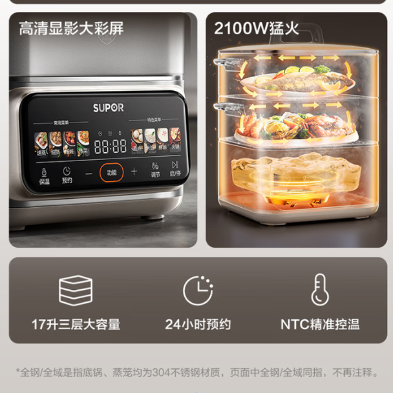 Supor 電気蒸し器全鋼 0 コーティング家庭用多機能鍋 17L 三層蒸し器ステンレス鋼 ZN26FC888|undefined