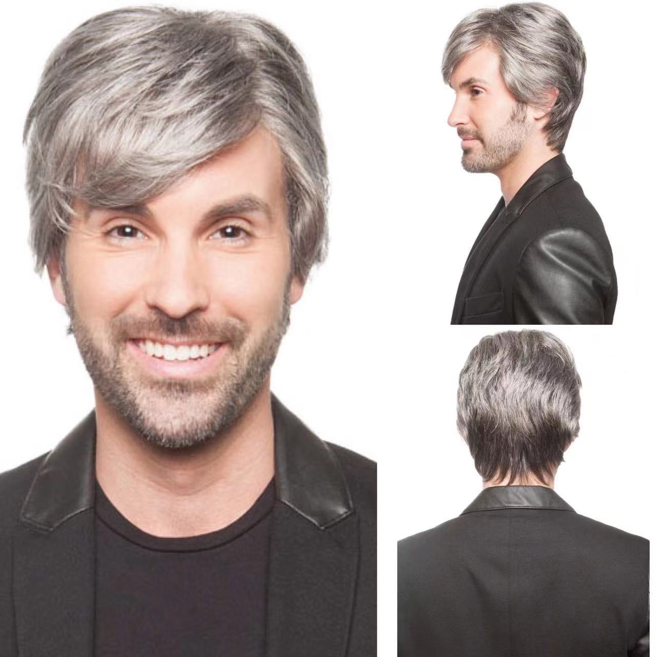 跨境 新款欧美男士银灰短发全头套假发化纤发 中老年花白发色批发