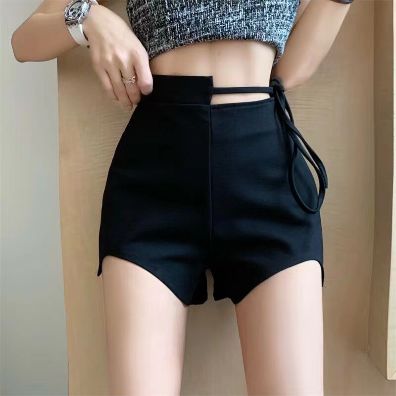 Design Sense Niche Strap Black Shorts Women's Irregular Lace-up High Waist Pure Sexy Big Long Leg Hot Pants
