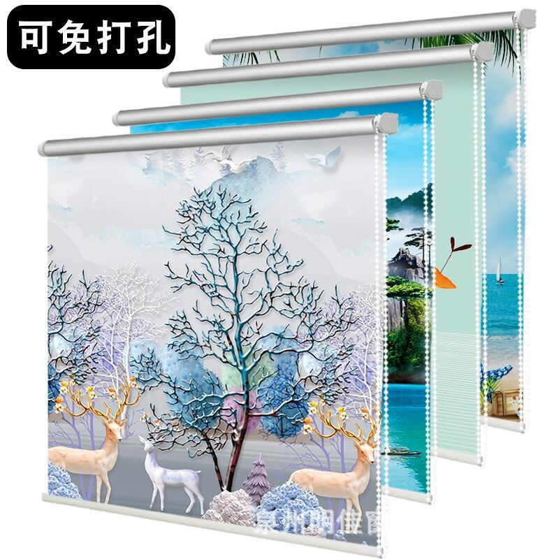 Kitchen Household Landscape Roller Blinds Sunshade Curtains Finished Cartoon Silver-Coated Blackout Bathroom Bathroom Waterproof Roller Blinds