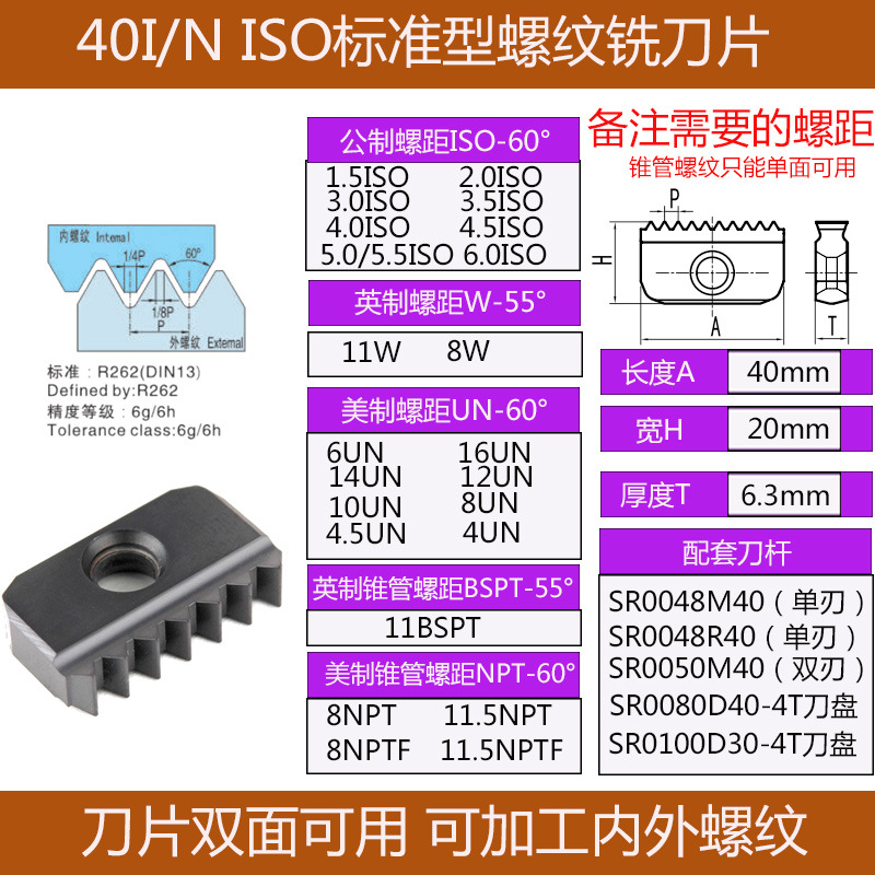 螺纹梳刀片40N/1-3.0ISO公制40I-11BSPT/NPT锥管16/14/12/8/6UN美