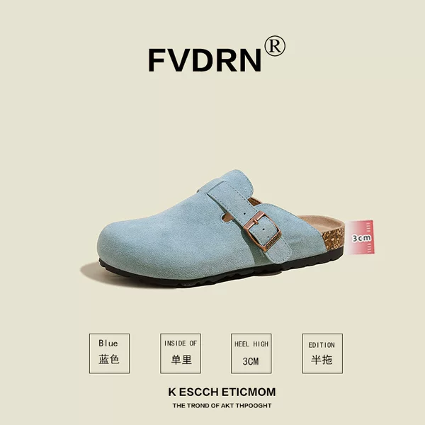 Cowhide Version French Retro Soft-Soled Toe-Cap Half-Slip Men's and Women's Cork Slip-On Flats Birkenstock Shoes for Women