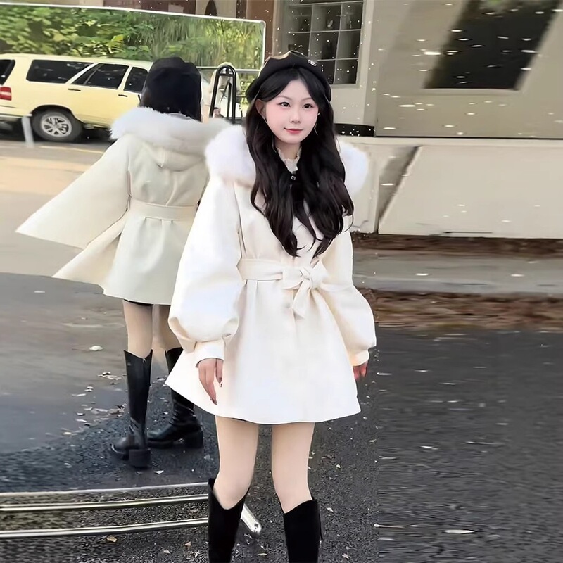 Clothing Factory Export Wholesale Petite Loose-Fitting Slimming Fashionable Hooded Woolen Coat with Fur Collar for Women Clothing Factory Export Wholesale Petite Loose-Fitting Slimming Fashionable Hooded Woolen Coat with Fur Collar for Women