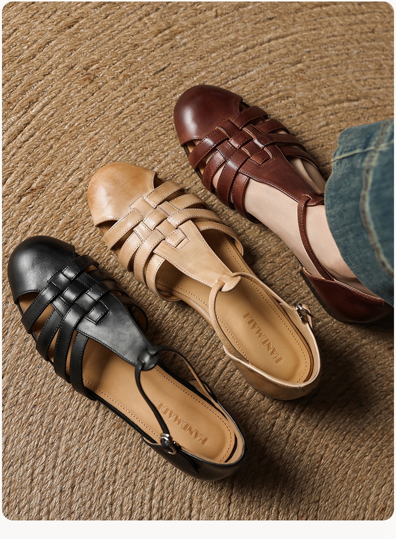 Sandal nữ mũi nhọn da bò quai chữ T gót thấp phong cách La Mã — nâu chi tiết 17