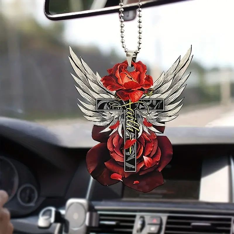 Creativo nuevo colgante de alas de rosa acrílico plano transfronterizo decoración interior de automóviles colgante llavero colgante