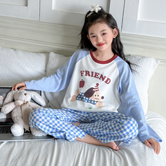 女童纯棉卡通睡衣套装春秋款中大童休闲格子睡裤宽松家居服两件套