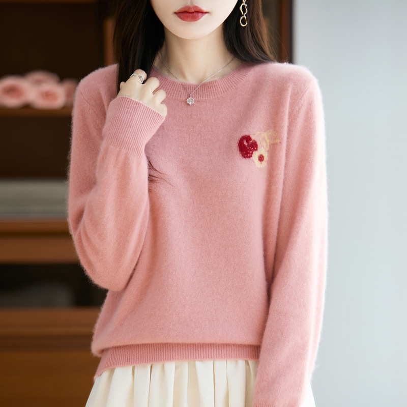 25 Years Autumn and Winter New Pure Wool Round Neck Knitwear Long-Sleeved Women's Embroidered Cherry Pullover Warm Bottoming Shirt Top