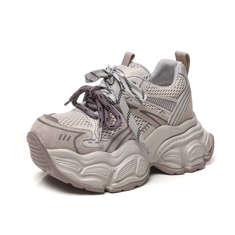 Giày sneaker nữ đế dày tăng chiều cao 9,5 cm lưới thoáng khí phong cách daddy — màu tím