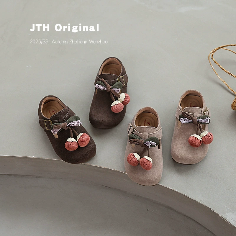 2025 осенние новые детские туфли Birkenstock, кожаные туфли для девочек, детские туфли принцессы на мягкой подошве с тюльпанами, нескользящая обувь