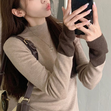 春秋女装新款 欧美风辣妹时尚休闲袖口撞色圆领针织衫打底毛衣T恤