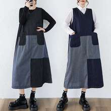 2025秋季新款文艺大码宽松撞格子牛仔背心裙女