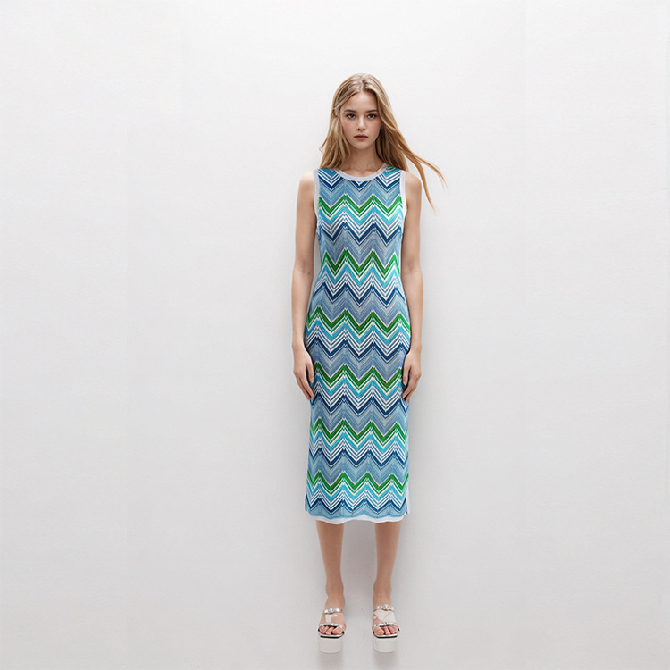 Cross-border Nanyou High-end French Style Spring and Summer Elegant Lady Crewneck Sleeveless Wavy Striped Mid-length Knitted dress