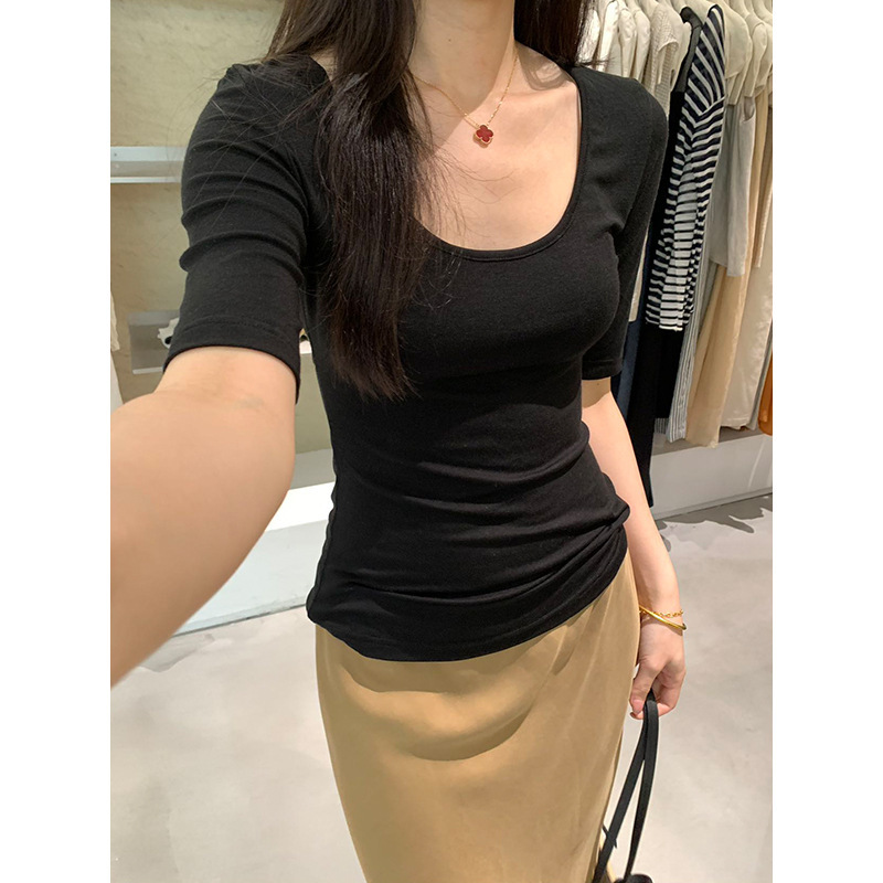Yuanpai Slimming U-Neck Mid-Sleeve T-Shirt 2026 Summer New Versatile Solid Color Tencel Wool Top Jc082