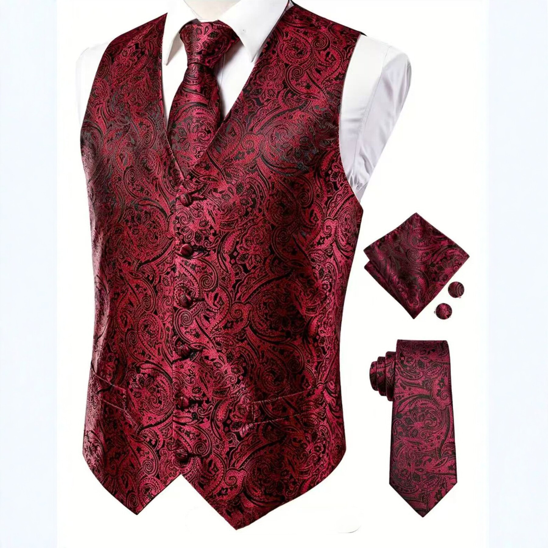 Men's Paisley Print Waistcoat Vest & Tie Set With Pocket Square | Elegant Slim-Fit Formal Casual Matching Set_voghion.com