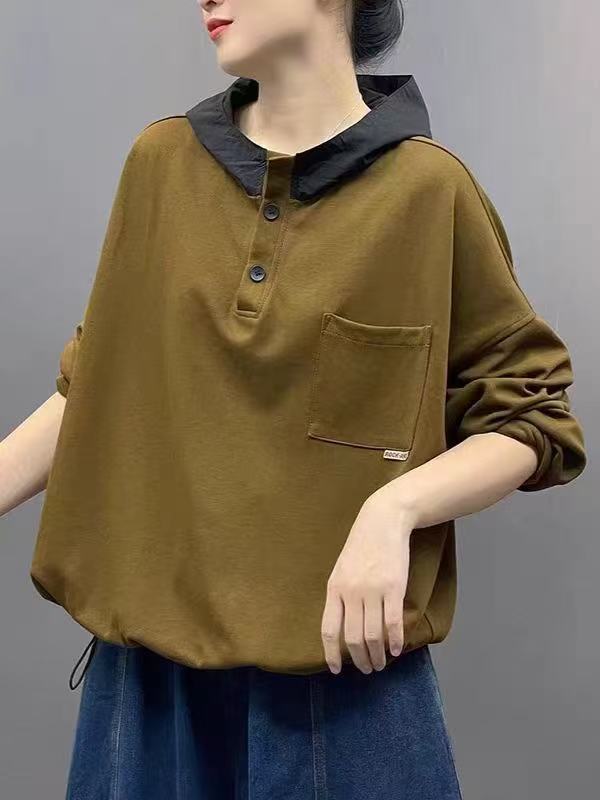 新品文艺简约韩系半开门襟抽绳摆百搭休闲撞色连帽套头卫衣|undefined