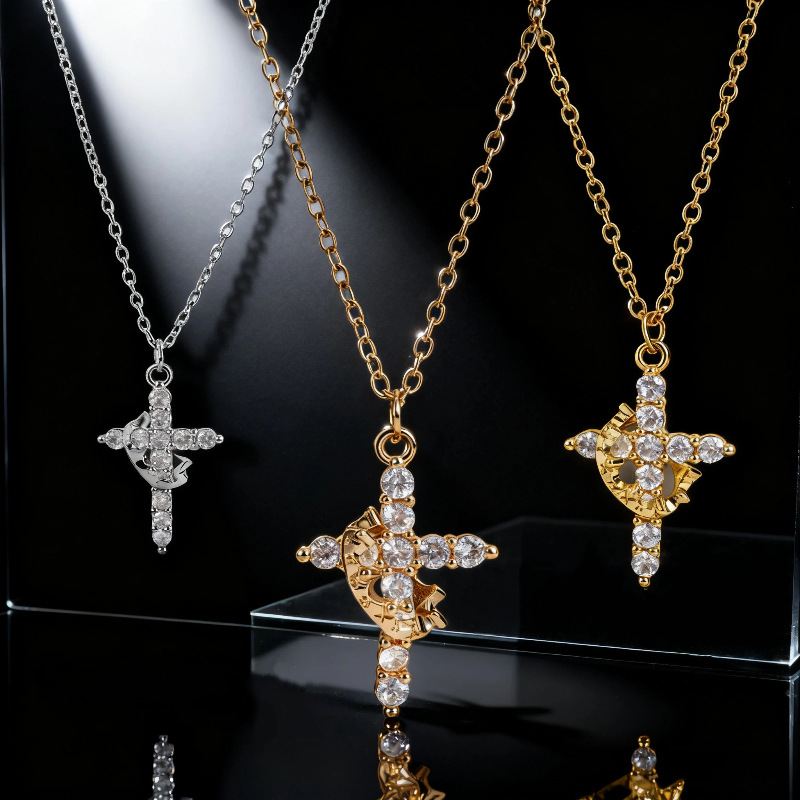 European and American Cross-Border Popular Rotating Cross Diamond Crown Necklace Women's Titanium Steel Stainless Steel High-End Factory Direct Supply