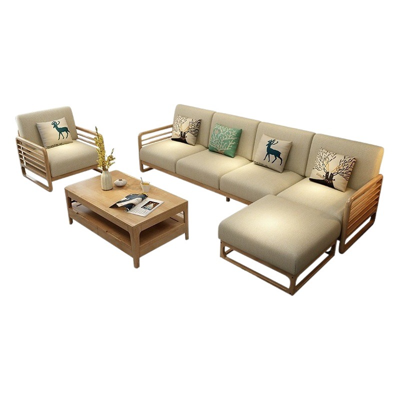 Nórdico sofá de madera maciza combinación simple moderno pequeño apartamento sala de estar de tres asientos sofá de tela de estilo de registro económico