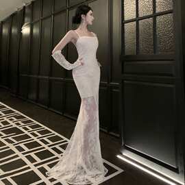 西太后轻婚纱复古蕾丝森系吊带新娘晨袍女订婚宴会礼服鱼尾出门纱