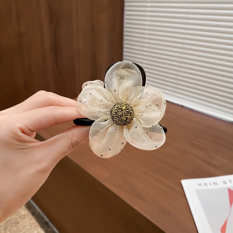 Flores de diamante de malla clip de agarre para mujeres 2025 nuevo temperamento de alto nivel detrás de la cabeza clip de cola de caballo clip de cabello tocado