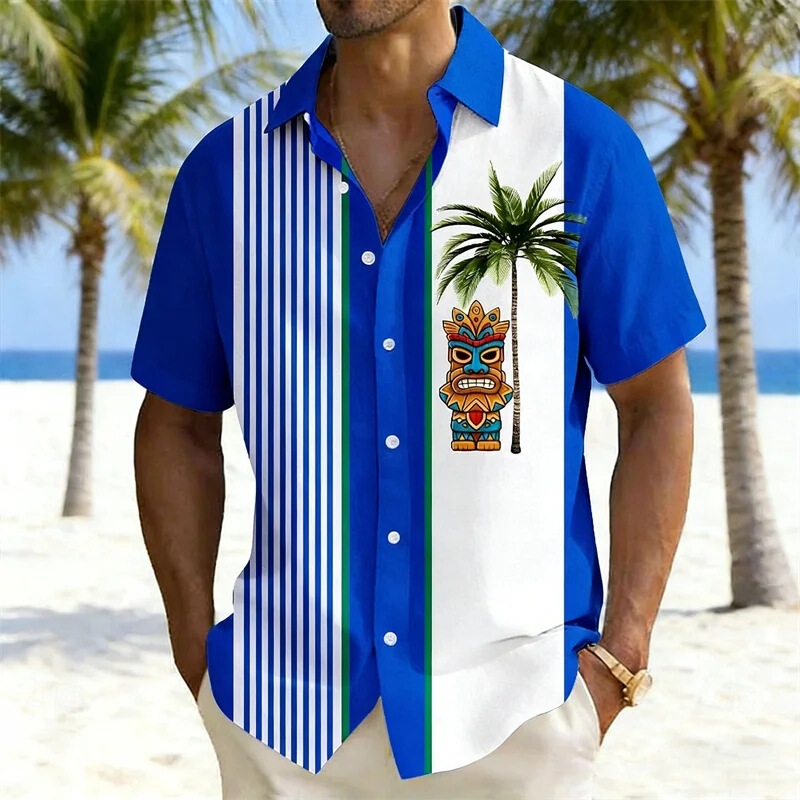 Men's Hawaiian Style Tiki Totem Coconut Tree Print Short-Sleeved Shirt Casual Lapel Shirt Factory Direct Supply Wholesale