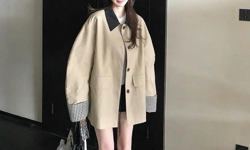 高智巴恩风 卡其色风衣撞色格纹拼接短款宽松外套女秋|undefined