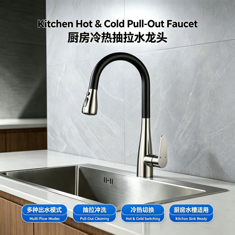Cross-border kitchen pull-out faucet, sink with splash guard, dishwashing sink, cold and hot water kitchen pull-out faucet
