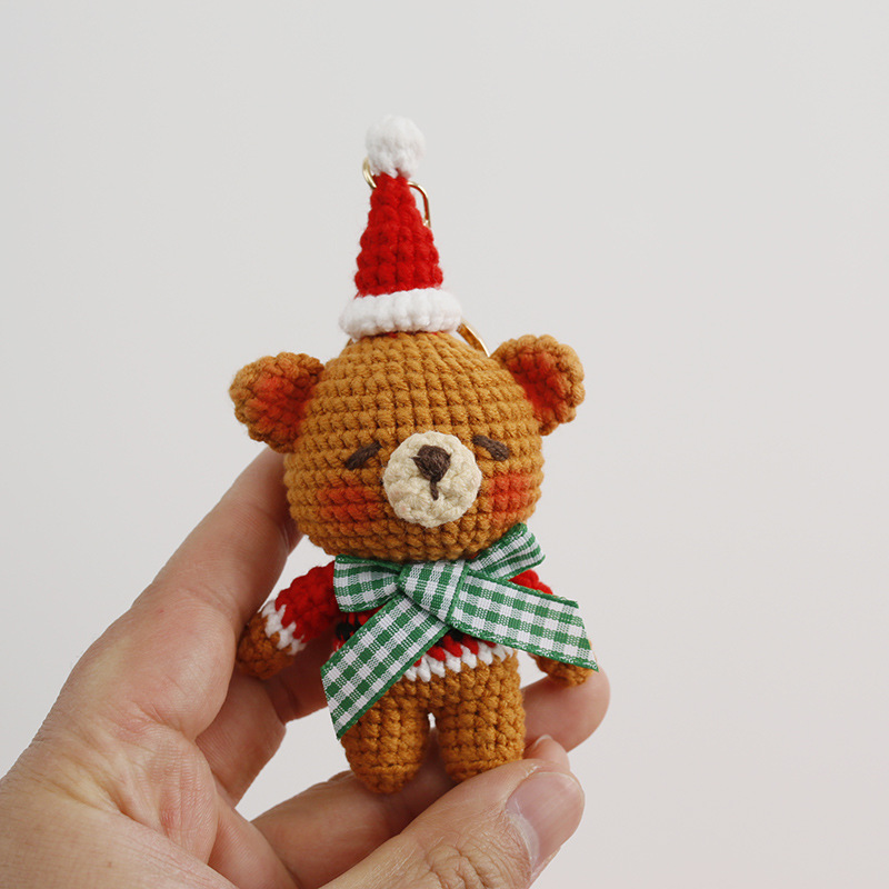 聖誕熊手工編織玩偶 織女毛線鈎織小掛件 手作掛飾成品
