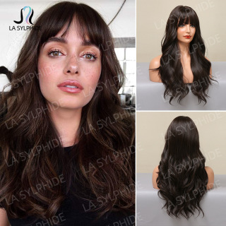 European and American wig female wig dark brown neat bangs long curly hair chemical fiber mechanism hair cross-border wig headgear