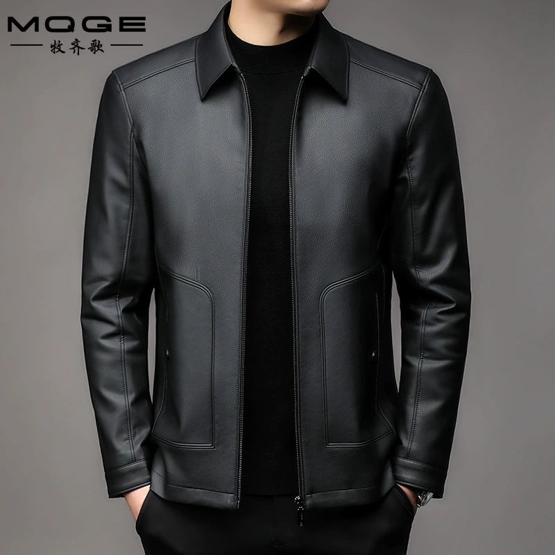 Кожаная мужская осенне-зимняя новая мужская кожаная куртка Haining, деловая Повседневная кожаная мужская куртка среднего возраста с лацканами и флисовой подкладкой