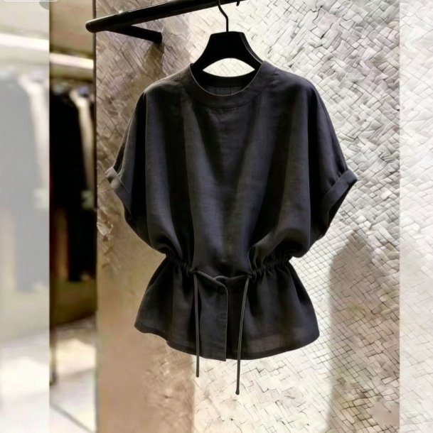 【Dropshipping】Elegant and Artistic Loose-Fitting Drawstring Design Waist-Cinching Solid Color Short-Sleeve Blouse Cross-Border In-Stock 【Dropshipping】Elegant and Artistic Loose-Fitting Drawstring Design Waist-Cinching Solid Color Short-Sleeve Blouse Cross-Border In-Stock