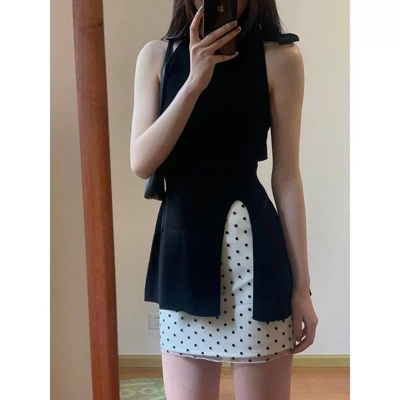 Волновая юбка для детей французская шея с бантом трикотажная топ юбка из двух частей летом 2024 новый