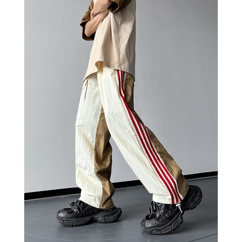 Men's Autumn American Design Sweatpants with Ice Silk Quick-Dry Striped Straight Leg Loose Casual Sports Pants
