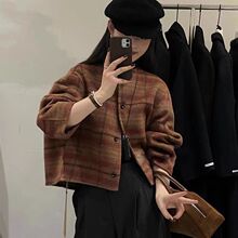 格子双面羊绒大衣女短款单排扣宽松毛呢外套格纹通勤风气质款