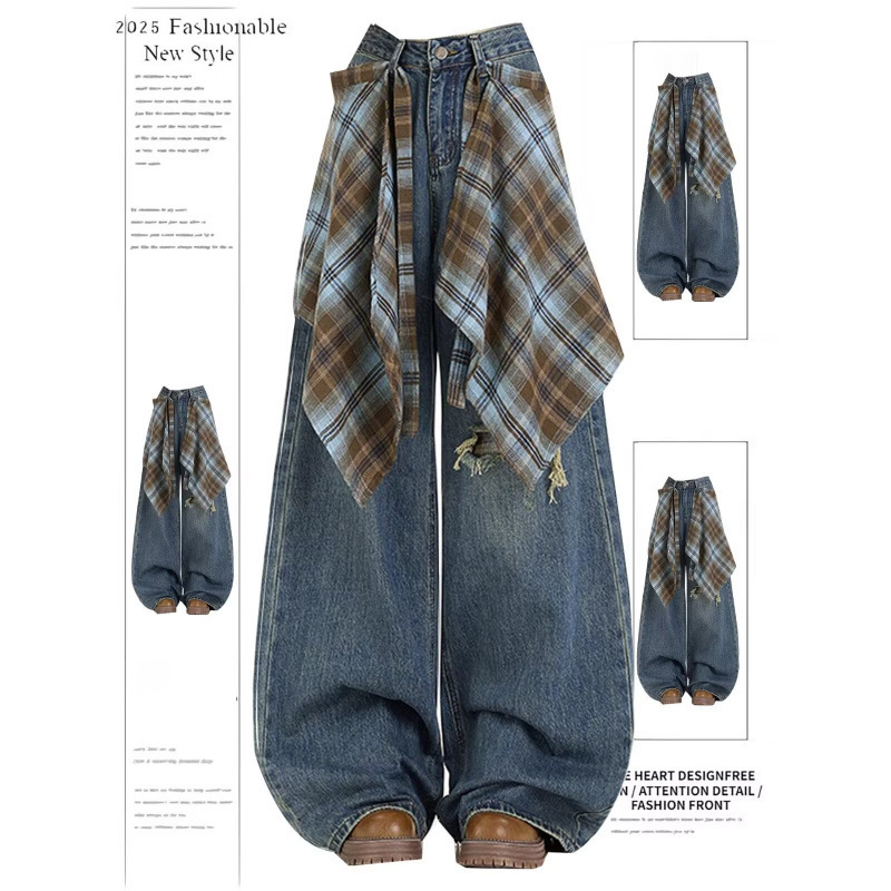 Fake Two-Piece Shirt with Patchwork Layered Denim Pants for Men, Featuring a Unique Design for Hip-Hop Dancing and a Wide-Leg Style