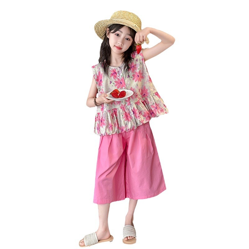 Und Mädchen Sommer Kleidung 2024 Neue Mittlere bis Große größe Floral Überkleidung, Bein Hosen, kinder Countryside Stil Zwei_voghion.com