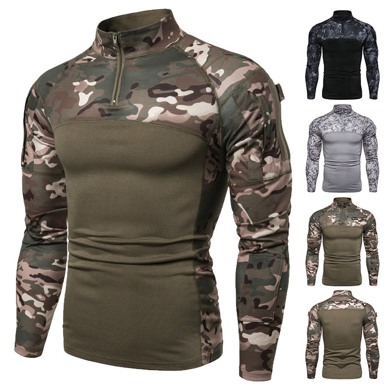 Cross-Border New Style Men's Long-Sleeve Stretch Slim-Fit Camouflage Polo Casual Stand-Collar Cotton Autumn Youth Tactical T-Shirt