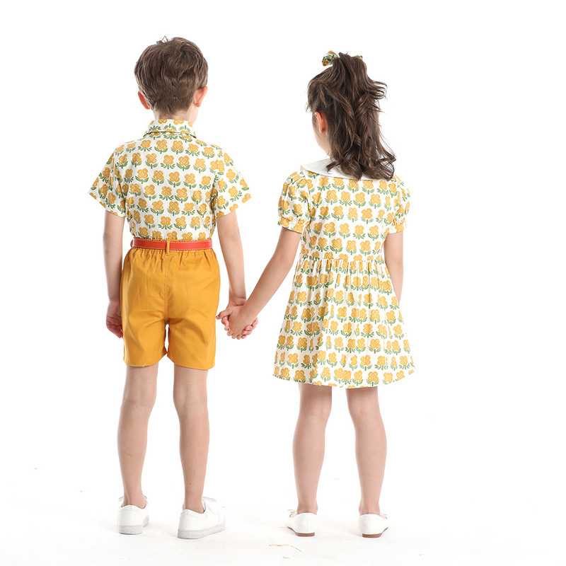 Impresión pastoral de verano con solapa camisa de mangas cortas para niños pantalones cortos dos piezas set coreano para niños y niñas show dress set