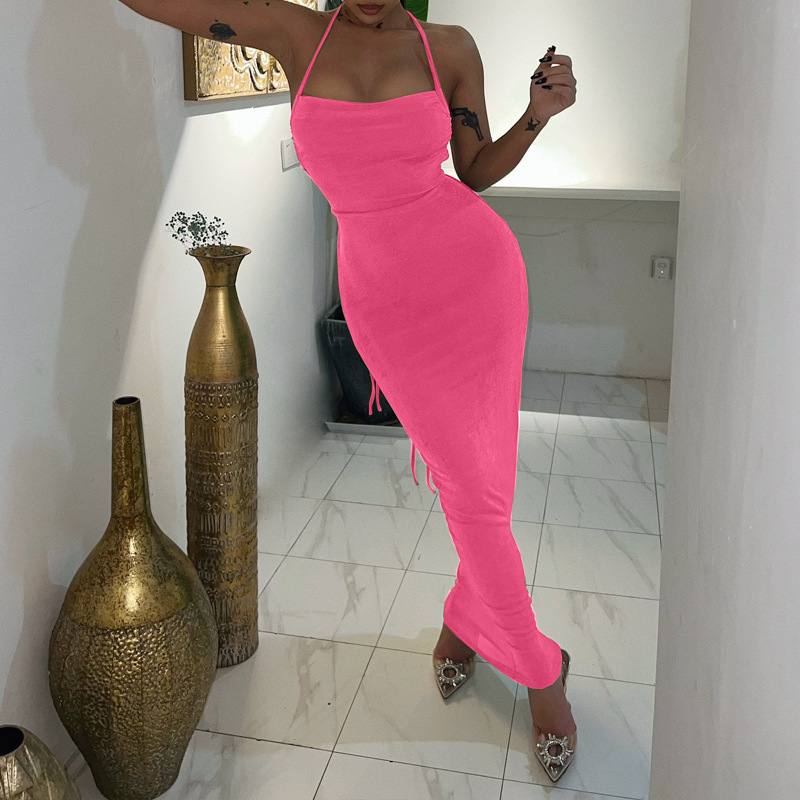 Slim Fit Type Solid Color Pattern Summer Season Wholesale Women'S Sexy Backless Solid Color Party Halter Neck Sleeveless Bodycon Dress