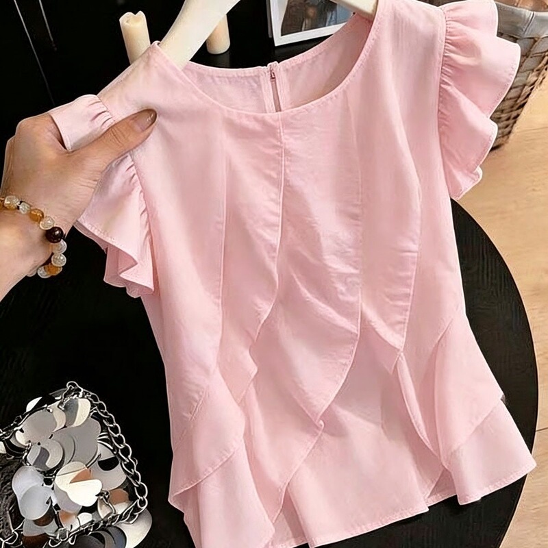 Wholesale Pink Ruffled Sleeve Blouse for Women, Summer Thin Loose Design, Unique Style, Light Luxury Top Wholesale Pink Ruffled Sleeve Blouse for Women, Summer Thin Loose Design, Unique Style, Light Luxury Top